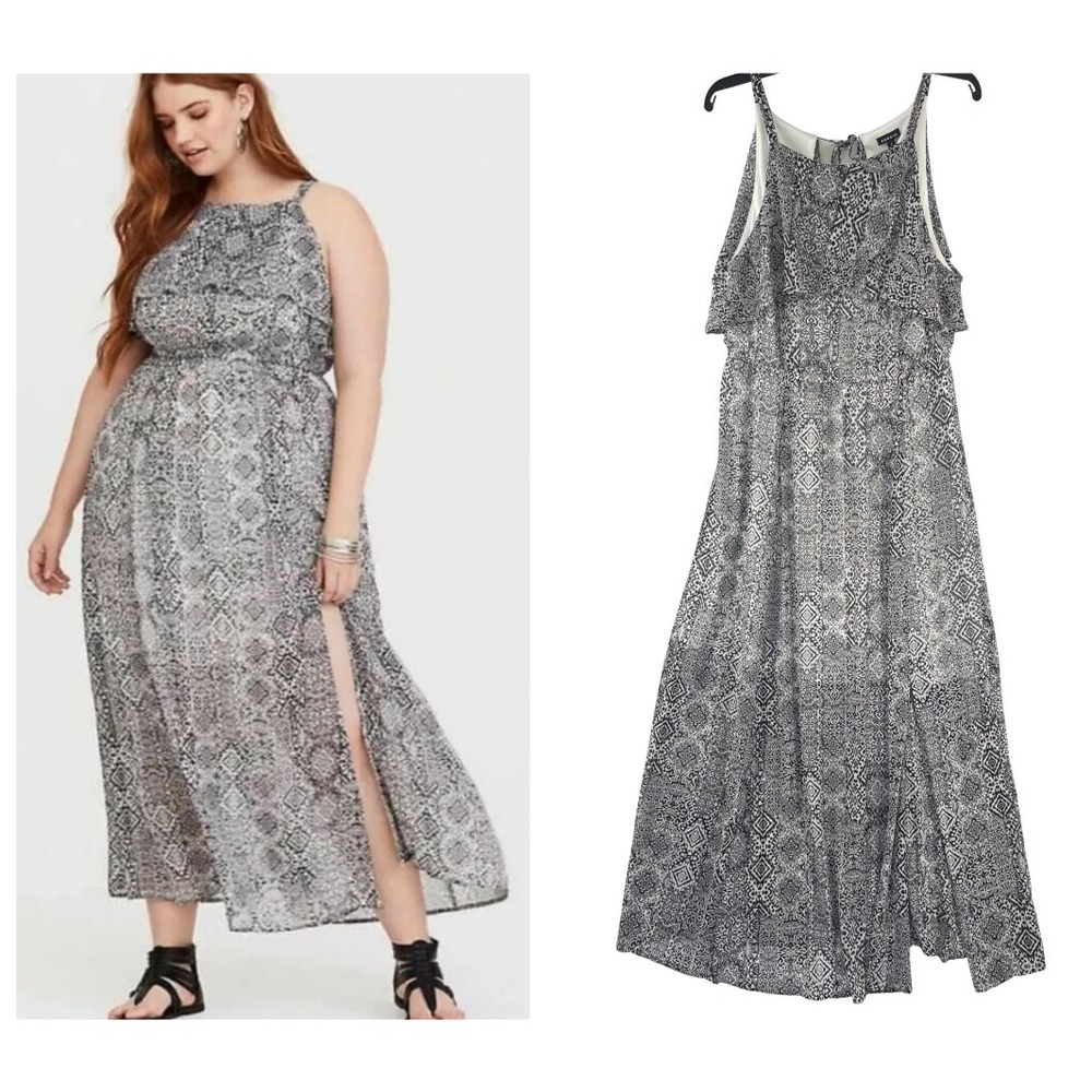 Torrid Flowy Maxi‎ Dress Womens 1X Black White Halter Neck Ruffle Boho Chic